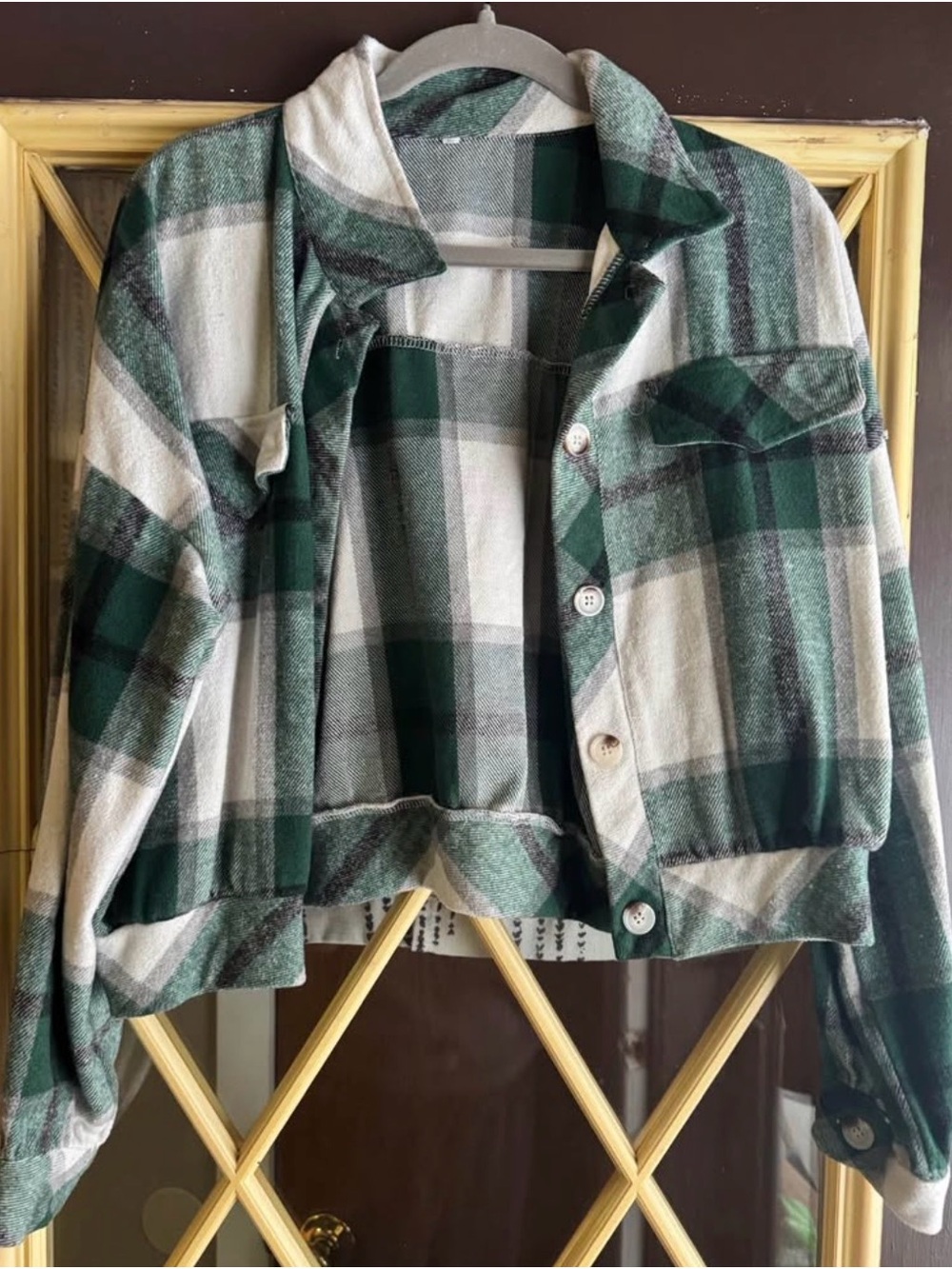 Green Plaid Button-Up Shacket - Women
